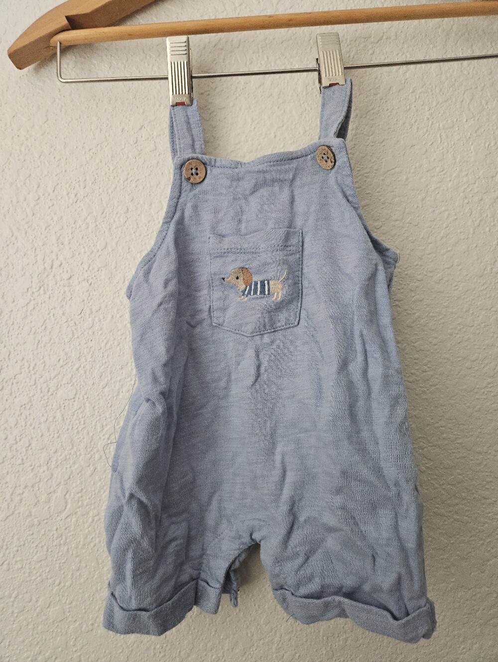 rabbit + bear 100% organic cotton blue overalls with embroidered dog, 6-9 months
